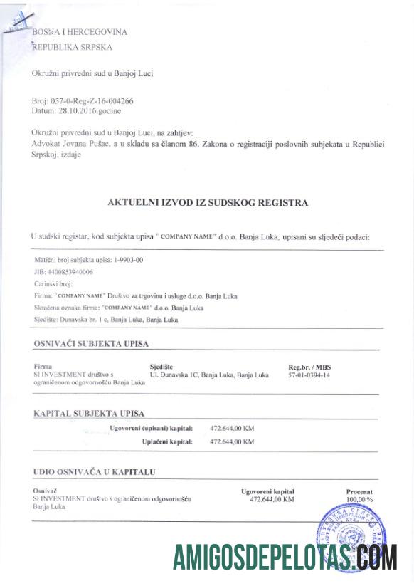 Exemplo de certificado de registro da Bósnia e Herzegovina